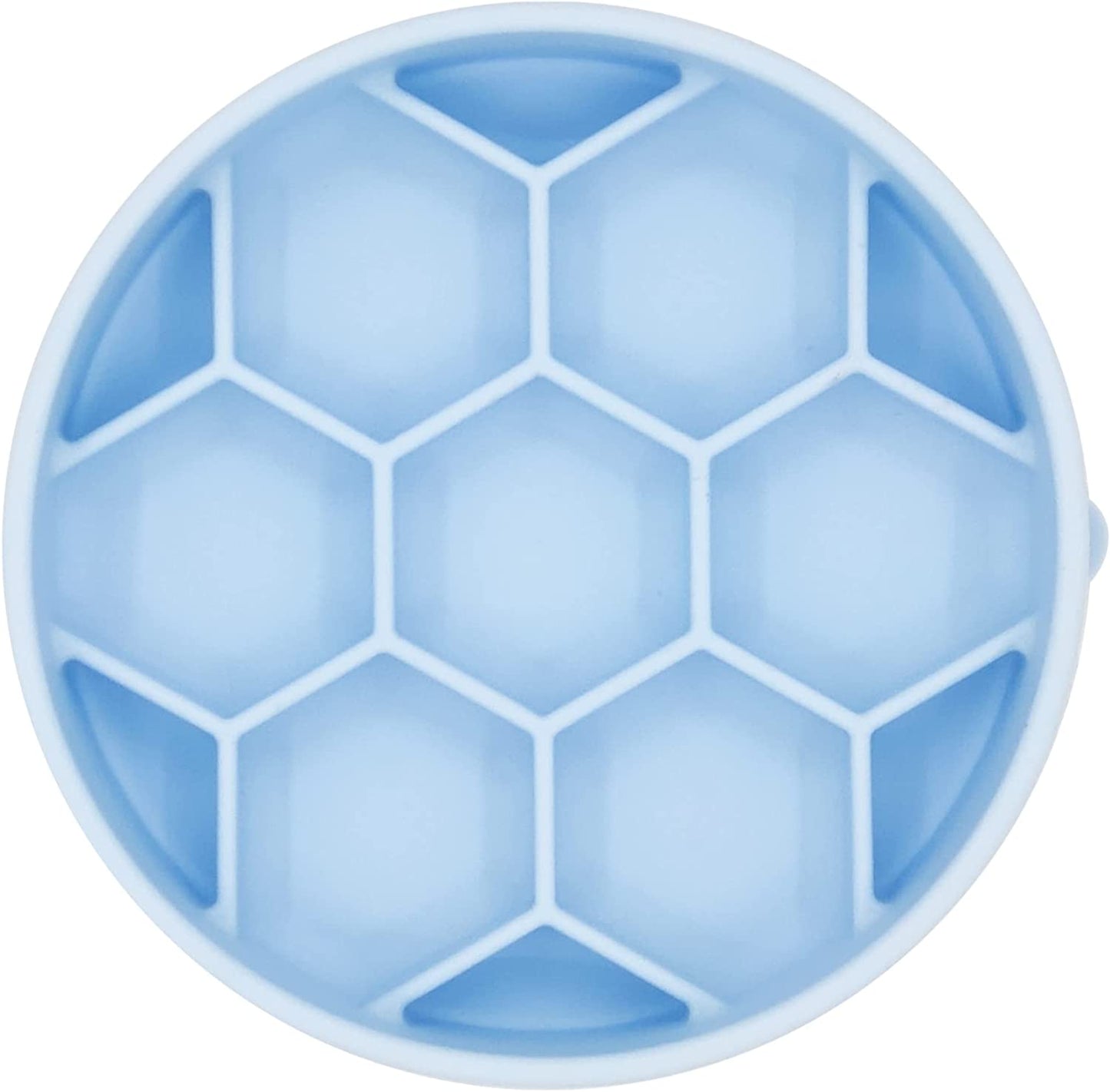 Birds-eye view of an empty, light blue slow feeder.