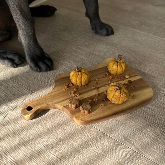 A small wooden board with three pumpkin-shaped treats on top. A pair of black dog legs can be seen behind.