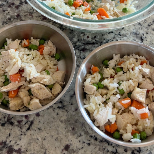 Two metal dog bowls full of a homecooked dog meal of chicken, rice, and mixed veggies. A glass mixing bowl with more of the mixture is just above them.