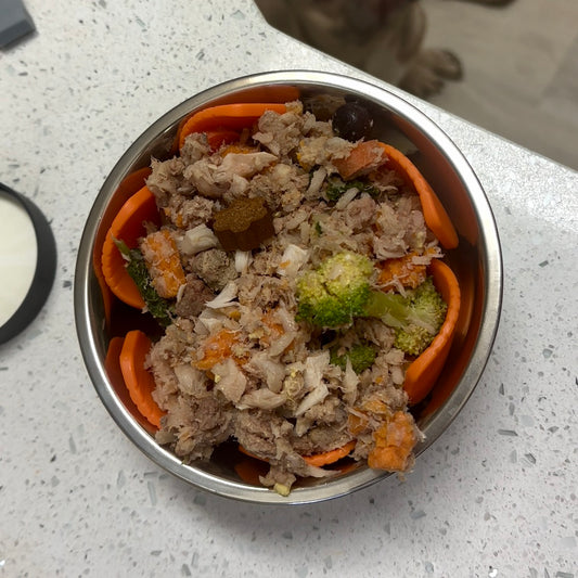 A metal dog bowl filled with homecooked dog food sits on a white quartz counter.