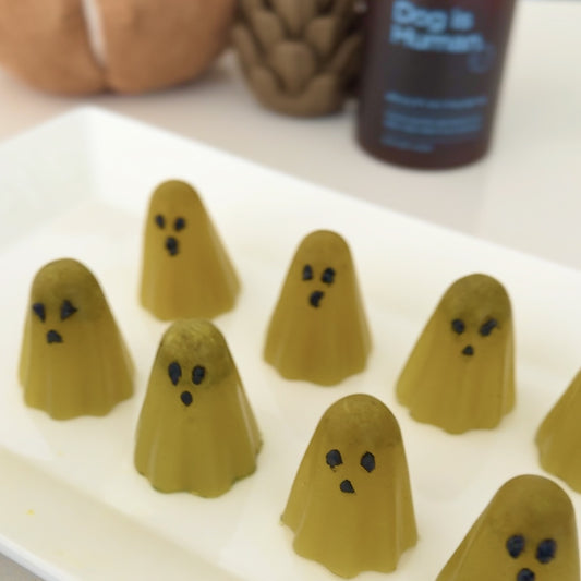 Plate of dog-friendly, ghost-shaped bone broth gummies on a kitchen counter. Dog multivitamin jar in the top right. 