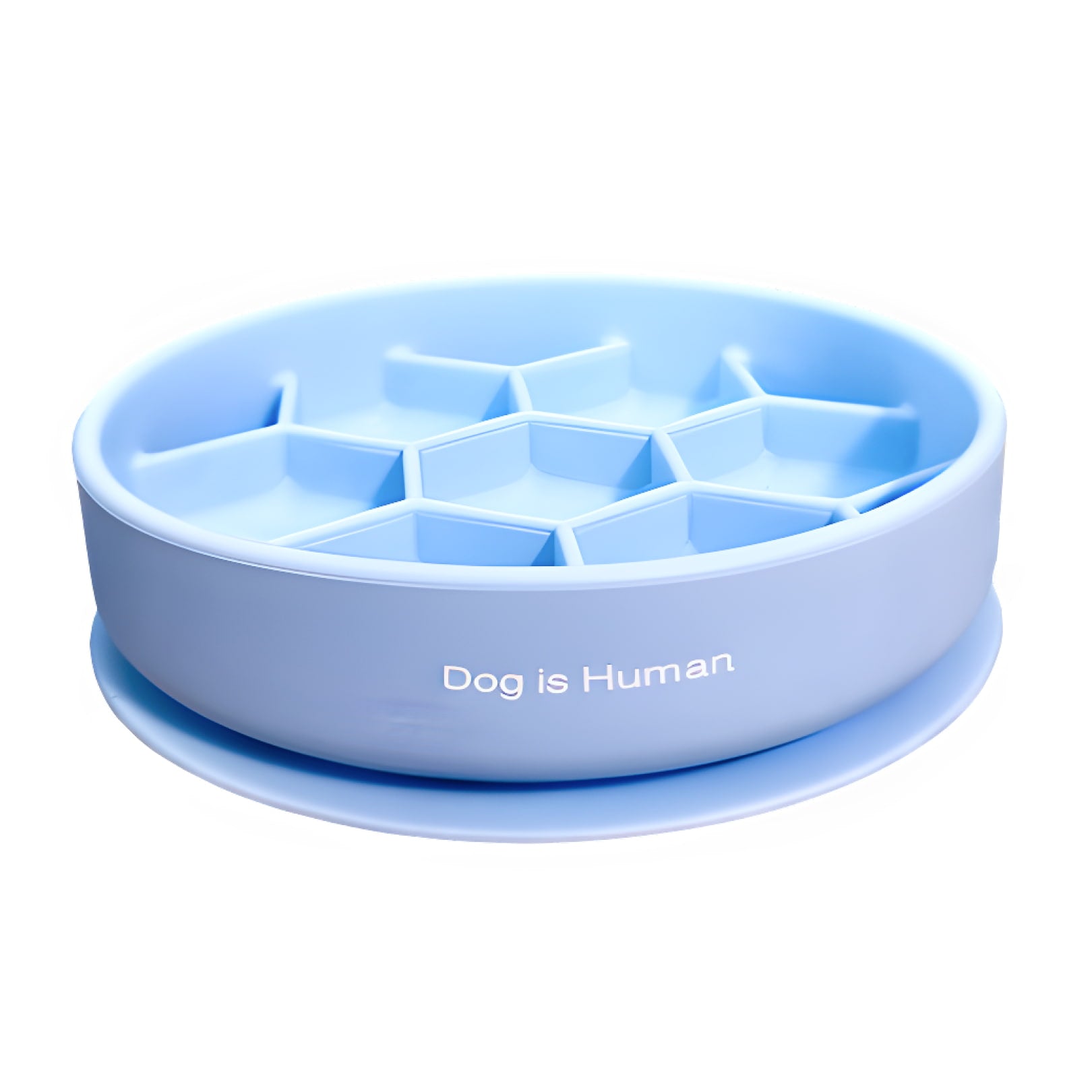 An empty, light blue slow feeder bowl with Dog is Human branding across on the front.