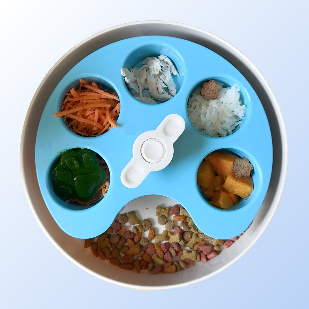 Spin bowl with a light blue, 5-well palette nested in a larger white bowl and filled with various dog-safe foods.